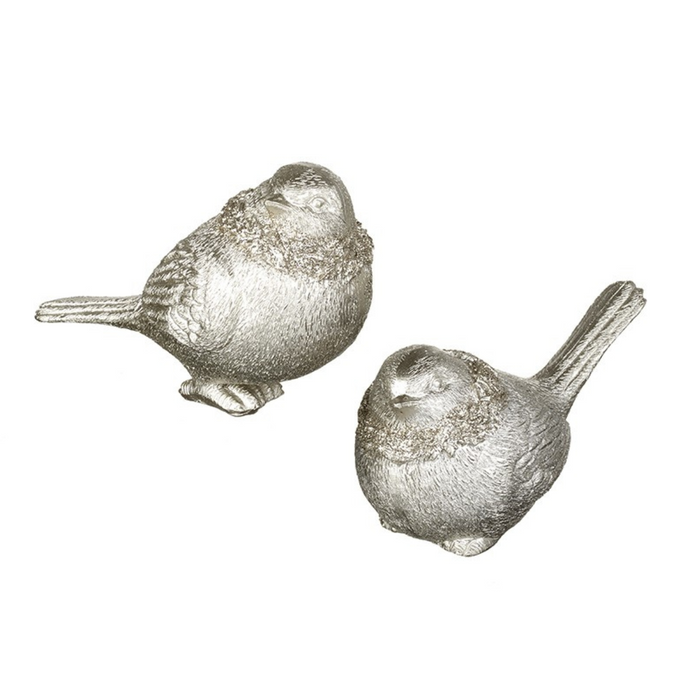 Set of 2 Silver Birds With High Glitter Deco