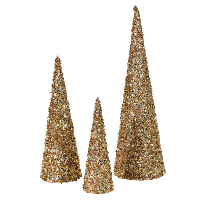 Set of 3 Gold Sequin Cone Topiary