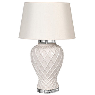 Sharon ivory-toned porcelain lamp with diagonal textures and crystal base – soft linen-style shade, available at Lily Bloom, Gorey, Ireland.