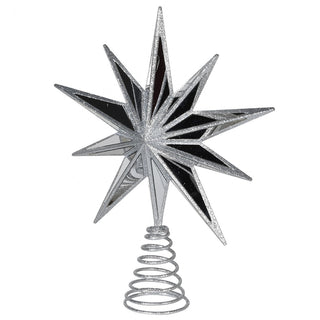 Decorative star-shaped Christmas tree topper with metallic finish on a white background