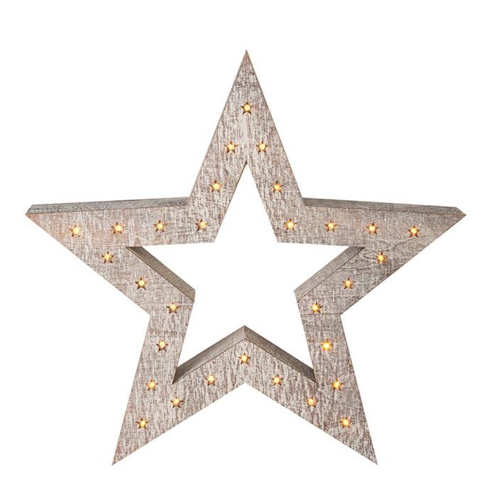 Bulky Wooden Star Christmas Decoration with LED Light - 52cm