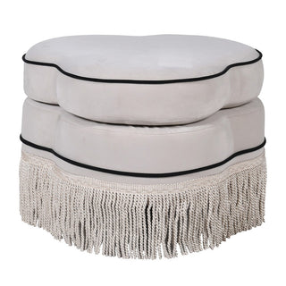 Toulon Curved Ottoman Stool – white upholstery with black piping and tassel fringe, available at Lily Bloom, Gorey, Ireland