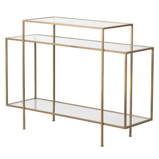 Gold and glass 3-tier console table with geometric design. Turin modern console available at Lily Bloom, Gorey, Ireland.