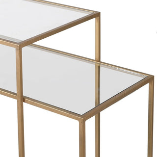 Gold and glass 3-tier console table with geometric design. Turin modern console available at Lily Bloom, Gorey, Ireland.