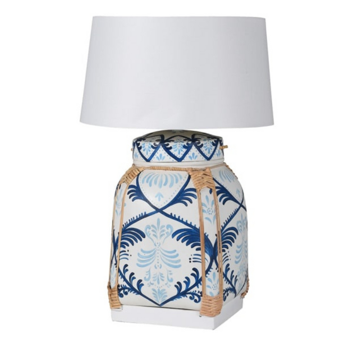 White and Blue Bamboo Hand Painted Table Lamp with Shade