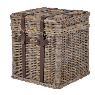 Willow Bay woven rattan basket table – handcrafted side table with cotton and leather detail, available at Lily Bloom, Gorey, Ireland.