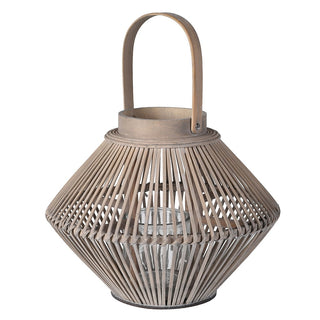 Lily’s Zen Lantern – Medium grey bamboo and glass lantern by Lily Bloom, handwoven design with soft grey finish for warm candlelight styling.