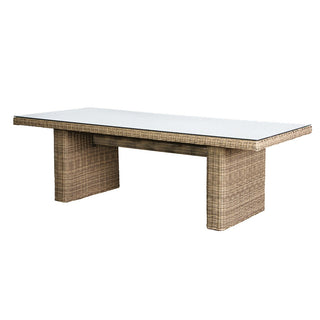 Rectangular outdoor table with metal frame, wicker finish and glass top available from www.lilybloom.ie