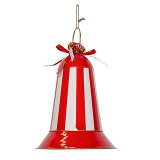A red and white vertically striped metal bell-shaped hanging ornament with a gold hanging loop and a red ribbon bow at the top, shown on a plain white background.