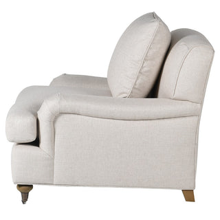Elegant beige fabric armchair inspired by Belgian roll loveseat design – The Ronald Chair by Lily Bloom