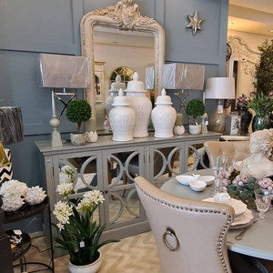 Grey Hamptons 4 Drawer Mirror Sideboard