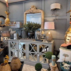 Grey Hamptons 4 Drawer Mirror Sideboard