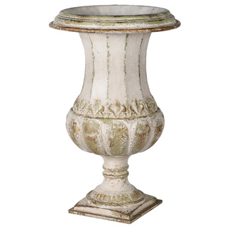 Antique-style urn planter in distressed stone-look finish. Tall iron planter for faux florals or sculptural styling. Available at www.lilybloom.ie or in-store at Lily Bloom, Gorey, Ireland.