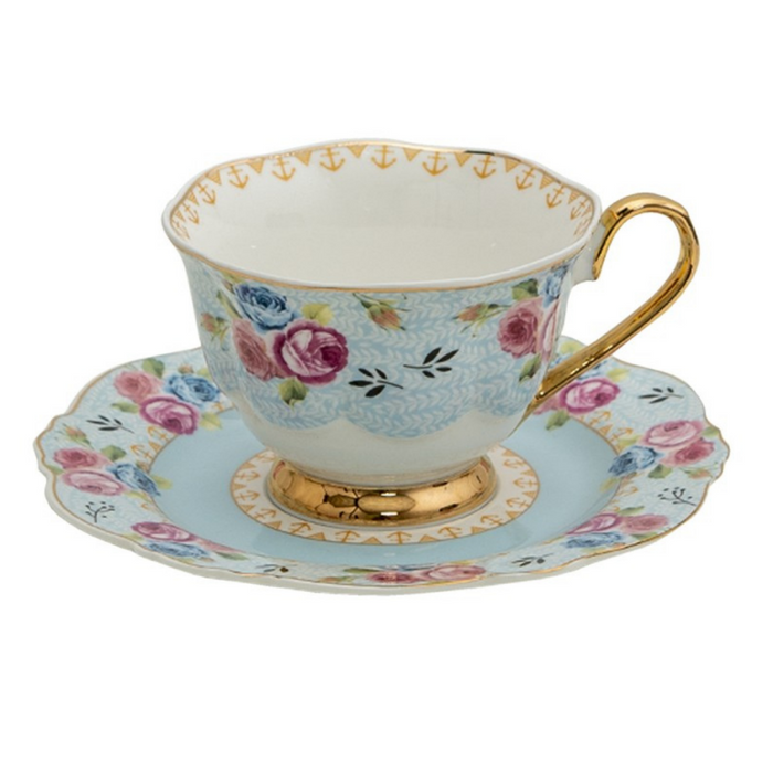 Blue & Pink Rose Floral Cup & Saucer Set