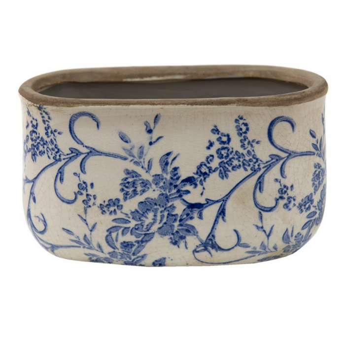 Blue and White Floral  Oval Flower Pot