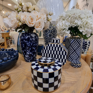 Blue and White Chequered Lidded Jar delivery nationwide www.lilybloom.ie