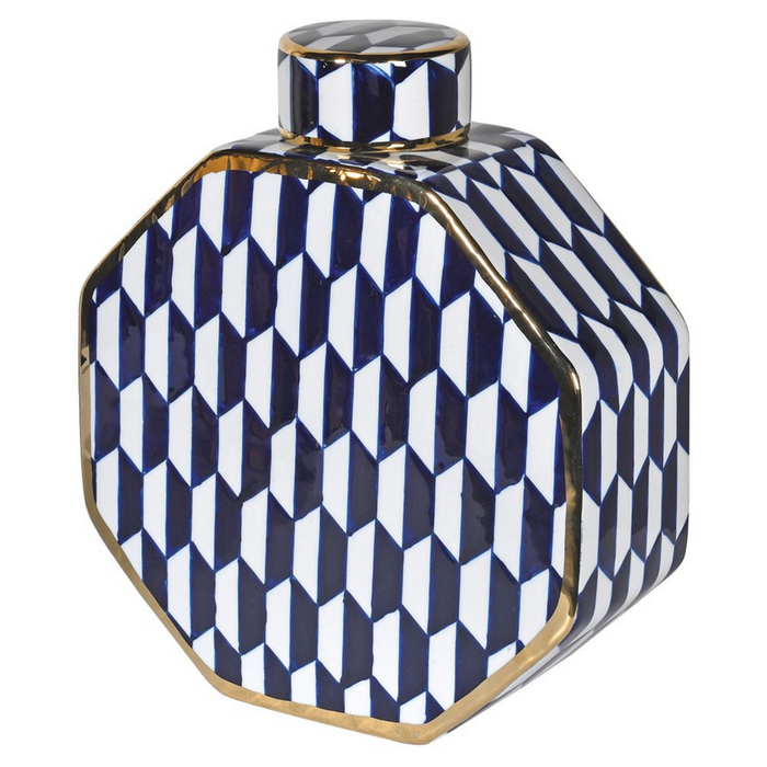 Ceramic Blue and White Geometric Lidded Jar