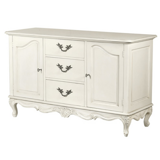 French Chic Carved Sideboard with three drawers, two cupboards, and an antique white crackle finish. Available at Lily Bloom, Gorey, Ireland.
