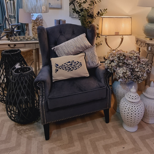 Grey studded wing backed armchair www.lilybloom.ie