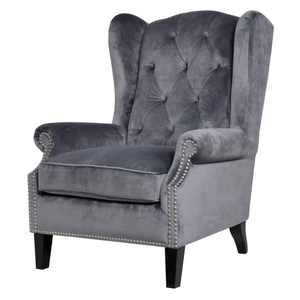Grey studded wing backed armchair www.lilybloom.ie