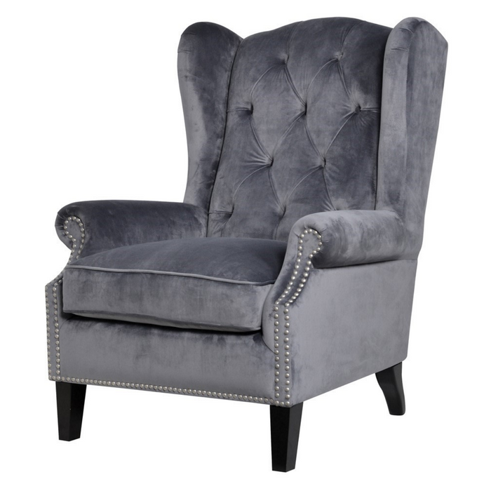 Grey Velvet Wing Backed Armchair