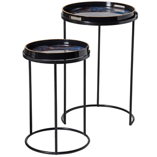 Set of 2 marble effect nesting tray tables with blue tops and slim circular frames – available at Lily Bloom, Gorey, Ireland.