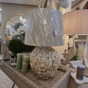 Mother of Pearl Round Table Lamp with linen shade delivery nationwide www.lilybloom.ie