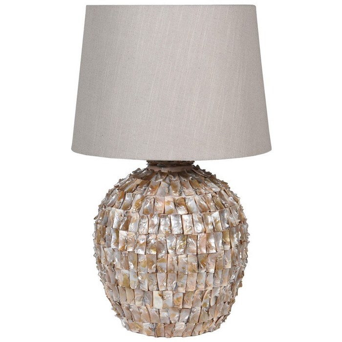 Round Mother of Pearl Table Lamp with Linen Shade