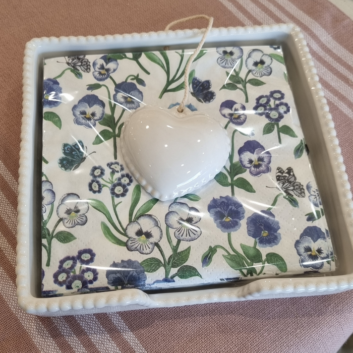 Ceramic Heart Napkin Holder and Purple Spring Floral Napkins Set