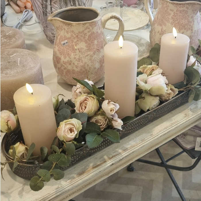Oblong Tray with Pink LED Candles & Pink Roses