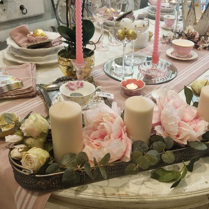 Pink Peony & Candle Display on Oblong Tray