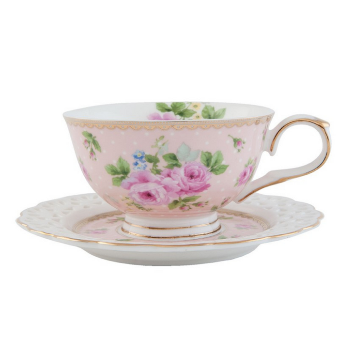 Pink and Gold Floral Cup and Saucer