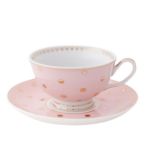 Pink and gold polka dot cup and saucer delivery nationwide www.lilybloom.ie