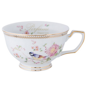 Pink and white floral & bird cup and saucer delivery nationwide www.lilybloom.ie