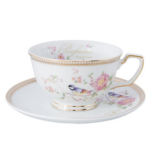 Pink and white floral & bird cup and saucer delivery nationwide www.lilybloom.ie