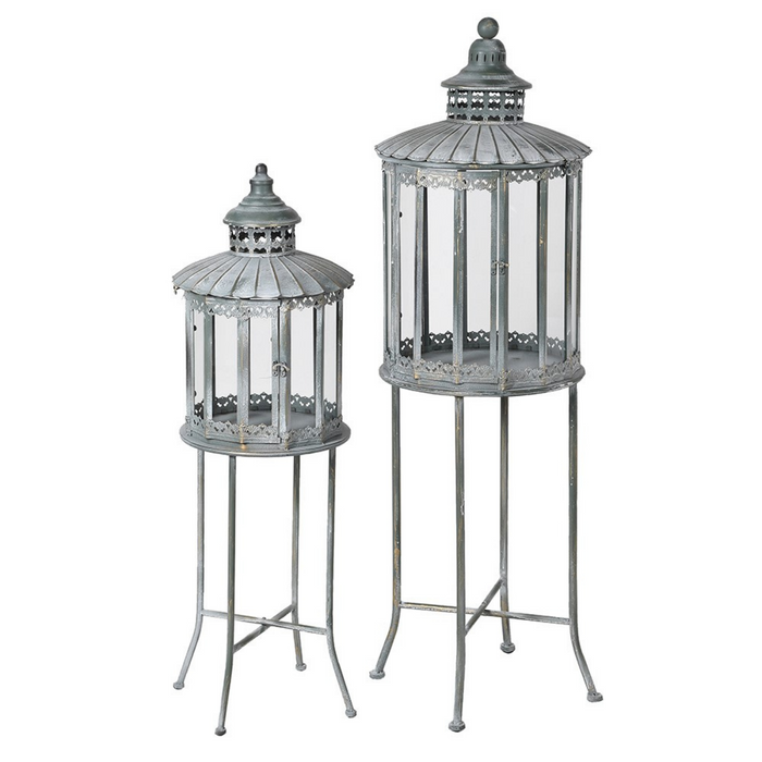 Set of 2 Antique Grey Lanterns with Stand