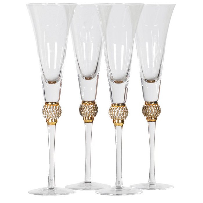 Set of 4 Gold Diamante Ball Champagne Flutes