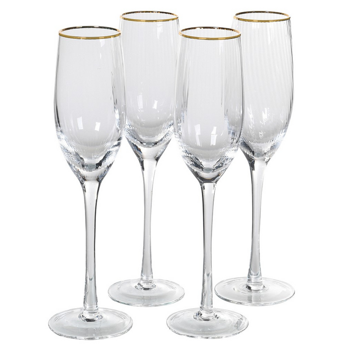 Set of 4 Gold Rim Ribbed Champagne Glasses