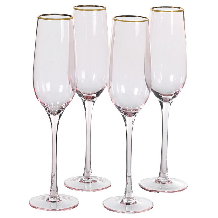 Set of 4 Gold Rim Rose Tint Champagne Glasses