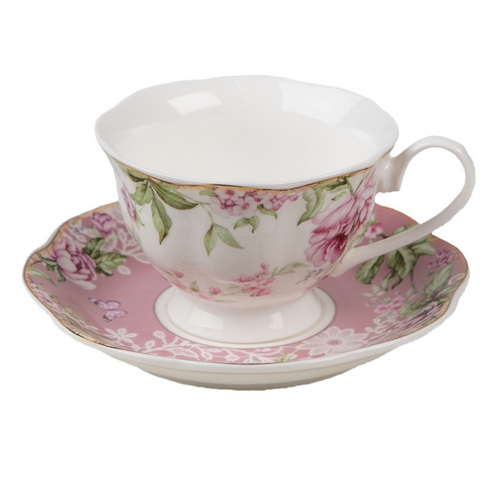 Set of 6 Pink Floral Cup & Saucer Set