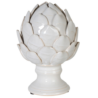 Small white ceramic artichoke on stand – classic glazed decorative ornament for styling shelves or consoles, available at Lily Bloom, Gorey, Ireland