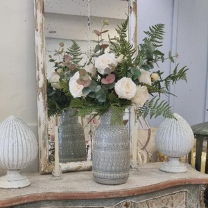 Soft grey patterned vase with cream rose display nationwide delivery www,lilybloom.ie