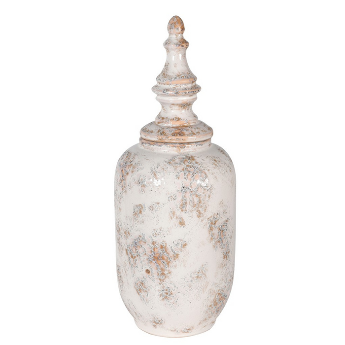 Tall Distressed Cream Ceramic Finial Jar