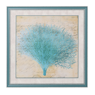 Framed blue coral wall art with vintage script on aged parchment, 90x90cm, available at Lily Bloom, Gorey – buy online at www.lilybloom.ie