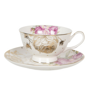 White Gold & Pink Floral Cup and Saucer delivery nationwide www.lilybloom.ie