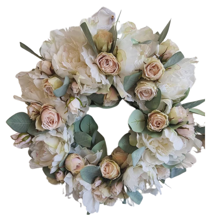 White Peony and Pale Pink Rose Wreath