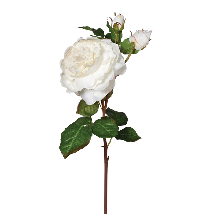 White Real Feel Rose Spray with Buds and Leaves