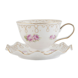 White porcelain with gold trim rose cup and saucer delivery nationwide www.lilybloom.ie