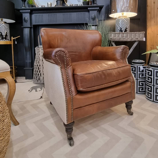 brown leather and linen armchair occasional chair www.lilybloom.ie